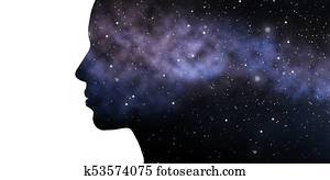 exposição dobro, mulher, e, galáxia