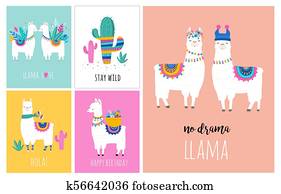 lhama, e, alpaca, cobrança, de, cute, mão, desenhado, ilustrações, cartões, e, desenho, para, berçário, desenho