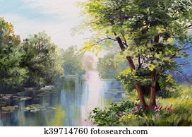 Oil painting landscape - lake in the forest, summer day Oil painting landscape - lake in the forest, summer day