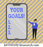 schrijvende, aantekening, weergeven, jouw, goals., zakelijk, foto, showcasing, iets, dat, u, hoop, om te, bereiken, of, krijgen, in, dichtbij, of, ver, toekomst, man, het voorstellen, reusachtig, smartphone, terwijl, vasthouden, een ander, mobile.