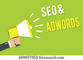 Conceptual hand writing showing Seo and Adwords. Business photo text Pay per click Digital marketing Google Adsense Man holding megaphone loudspeaker green background speaking loud. Conceptual hand writing showing Seo and Adwords. Business photo text Pay per click Digital marketing Google Adsense Man holding megaphone loudspeaker green background speaking loud.