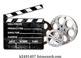 Empty Hollywood Film Canisters and Clapper on White Empty Hollywood Film Canisters and Clapper on White