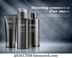 Men cosmetics, shaving foam, Body care cosmetic product on blue background . Vector illustration. Men cosmetics, shaving foam, Body care cosmetic product on blue background . Vector illustration.
