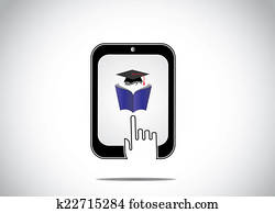 symbol, von, jung, kursteilnehmer- messwert, buch, mit, abstufung kappe, in, a, tablette, und, a, weiß, hand, silhouette, berühren, ihm, -, professionelle, erzieherisch, online-kursus, für, entfernung lernen, und, abendstimmung, hochschule, begriff