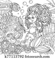 Cartoon mermaid girl pretties herself in front of a hand mirror on underwater world with corals and fish background outlined Cartoon mermaid girl pretties herself in front of a hand mirror on underwater world with corals and fish background outlined
