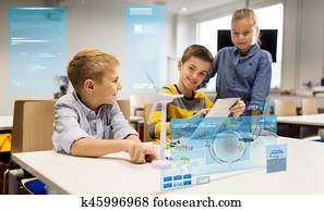 crianças, com, pc tabela, programação, em, robótica, escola