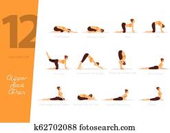 12 Yoga poses for upper back pain, vector illustration 12 Yoga poses for upper back pain, vector illustration