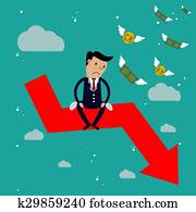 Businessman sit on arrow stock market crash, Businessman sit on arrow stock market crash,