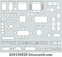 Top view interior with line furniture icons vector set Top view interior with line furniture icons vector set