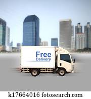 White van with Free delivery and office buildings in the city