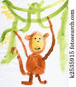 Drawing made child - Monkey and green lianas Drawing made child - Monkey and green lianas