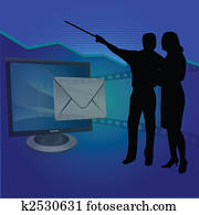 pessoas negócio, com, silhuetas, de, correios, e, apresentação