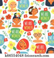 Woman faces and slogan we are women. Seampless pattern with Females of different nationalities, flowers. Background, print for feminism design, 8 march, international women day