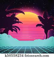 レトロ, 背景, 未来派, 風景, 1980s, style., デジタル, レトロ, 風景 