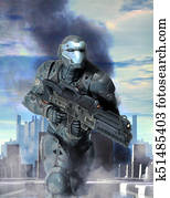 Futuristic soldier armor at war Futuristic soldier armor at war