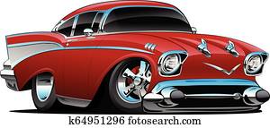 קלאסי, מוט חם, 57, שריר, car,, נמוך, profile,, גדול, צמיגים, ו, rims,, תפוח עץ של ממתק, red,, ציור היתולי, וקטור, דוגמה