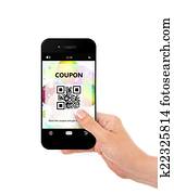 hand holding mobile phone with discount coupon isolated over whi hand holding mobile phone with discount coupon isolated over whi