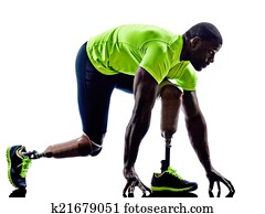 handicapped man joggers starting line legs prosthesis silhouette