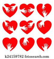 Set of 9 heart icon with caring hands