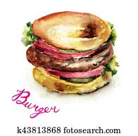 Watercolor illustration of Hamburger Watercolor illustration of Hamburger