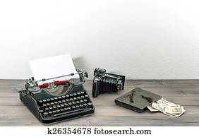 ראטרו, מכונת כתיבה, ו, בציר, צילום, מצלמה., עתיק, אוביקטים
