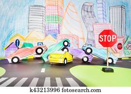 Big traffic accident at crossing in the toy city Big traffic accident at crossing in the toy city