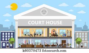 Court building interior with courtroom and offices. Court building interior with courtroom and offices.