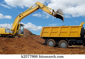 Excavator loading dumper truck