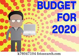 conceitual, passe escrito, mostrando, orçamento, para, 2020., negócio, foto, showcasing, um, escrito, estimates, de, renda, e, gasto, para, 2020, homem, em, paleto, óculos uso, segurando, laptop aberto, foto, art.