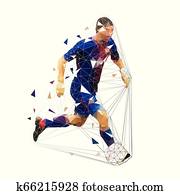jugador del fútbol, funcionamiento, con, pelota, bajo, poly, geométrico, vector, ilustración