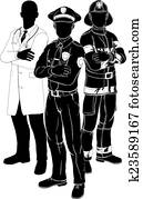 serviços emergência, equipe, silhuetas