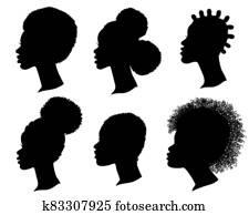 African American women profile black silhouette. Set of vector heads isolated on white African American women profile black silhouette. Set of vector heads isolated on white