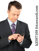 businessman dials number on cellular telephone