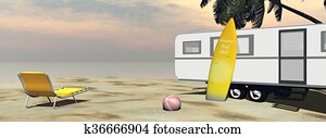 Caravan holidays at the beach - 3D render Caravan holidays at the beach - 3D render