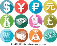 dinero, plano, iconos, conjunto