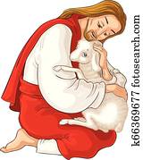 History of Jesus Christ. The Parable of the Lost Sheep. The Good Shepherd Rescuing a Lamb Caught in Thorns isolated on white History of Jesus Christ. The Parable of the Lost Sheep. The Good Shepherd Rescuing a Lamb Caught in Thorns isolated on white