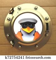 3d penguin sailor captain in sailors hat looking out of a brass porthole, port hole, 3d illustration