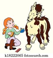 caricatura, menina, aparência, pônei