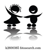 enfants tenant mains, isolé, vecteur, silhouettes