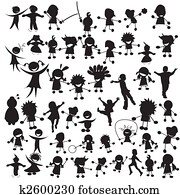 heureux, enfants, silhouettes