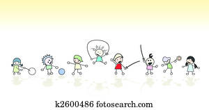 kinder, spielender, sonne, vektor, kunst