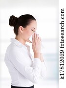 mulher, com, alergia, ou, gelado