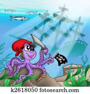 Pirate octopus near ship underwater Pirate octopus near ship underwater
