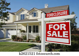 Foreclosure Home For Sale Sign and House Foreclosure Home For Sale Sign and House