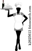 Waitress silhouette in chef hat holds serving tray Waitress silhouette in chef hat holds serving tray