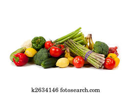 Assorted fruits and vegetables on a white background