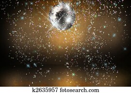 Disco ball with lights and confetti party background Disco ball with lights and confetti party background