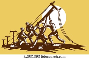 Team of linemen raising up electricity post done in reteo woodcut style. Team of linemen raising up electricity post done in reteo woodcut style.