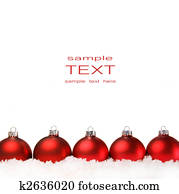 vermelho, natal, bolas, com, neve, isolado, branco