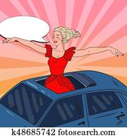 Pop Art Blonde Woman Standing in a Car Sunroof with Arms Wide Open. Vector illustration